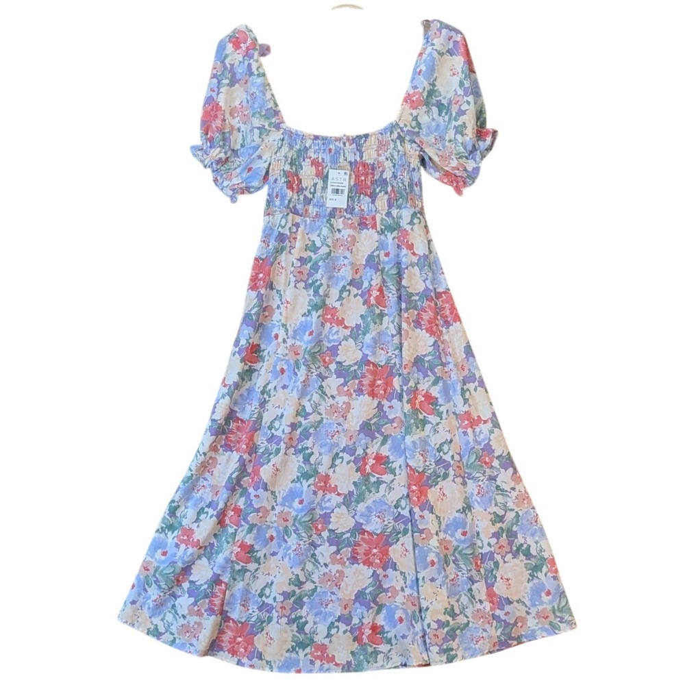 ASTR THE LABEL Cottage Colorful Floral Smocked Puff Sleeve Midi Dress Small - Picture 4 of 7